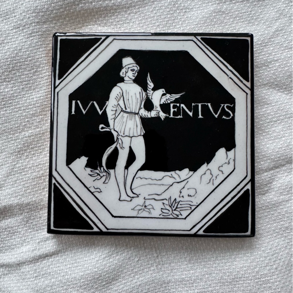 Porcelain Hand Painted Tile featuring Iuventus (Roman goddess of youth) w falcon